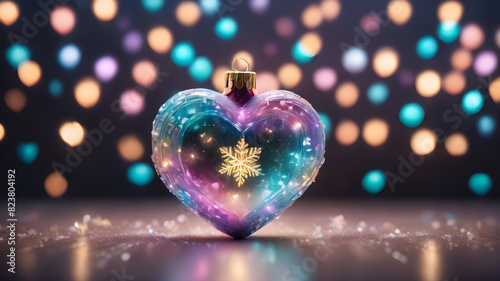 luxury glass Christmas toy heart on New Year's background with bokeh