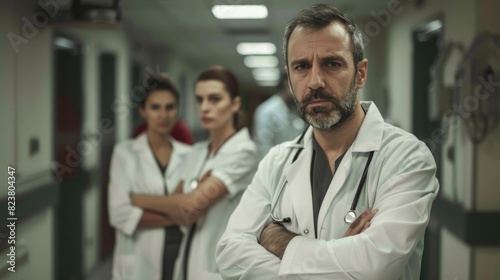 photo of a doctor team standing at a hospital with their arms crossed.