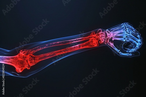 x-ray of a male human elbow, focus on the elbow with red color, showing painful, solid black background