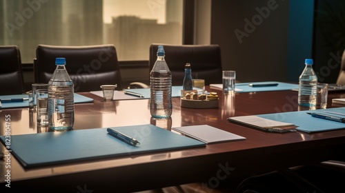  A conference table set up with documents, pens, and water bottles for a meeting.