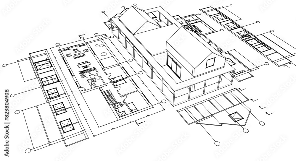 house architectural project sketch 3d illustration house architectural project sketch 3d illustration