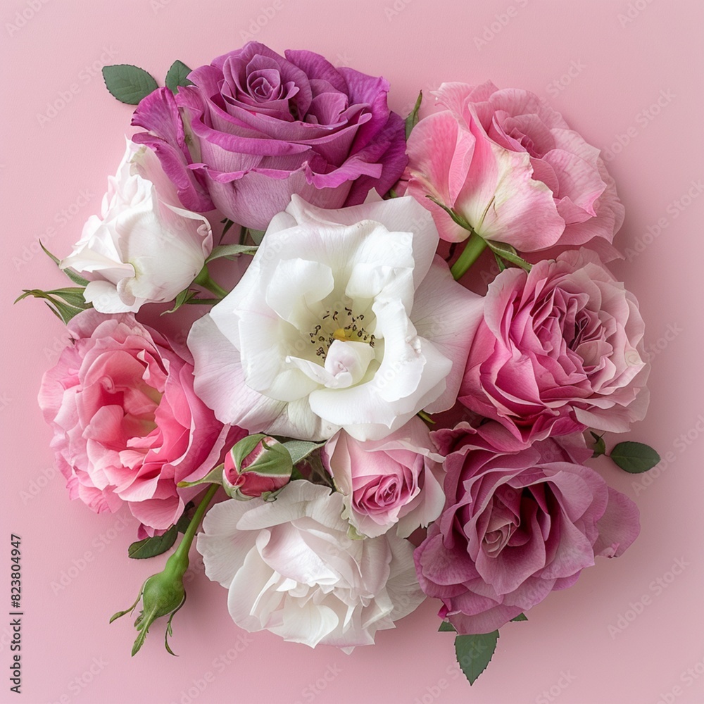 Fototapeta premium Pink and white vibrant rose displaying on pink background