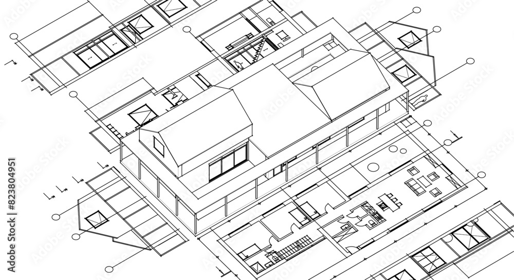 house architectural project sketch 3d illustration	