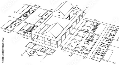 house architectural project sketch 3d illustration 