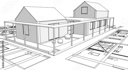 house architectural project sketch 3d illustration 