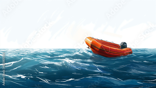 An orange inflatable boat floats alone on the vast, choppy ocean under a clear, pale sky, evoking a sense of isolation and adventure.