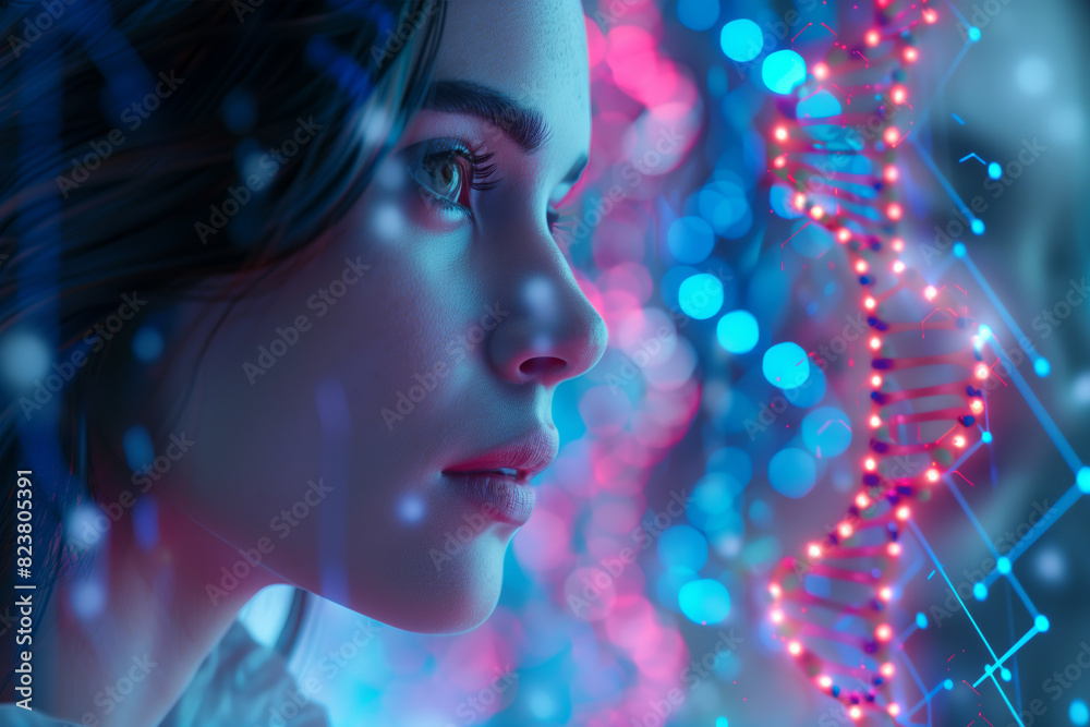 Female scientist studying the structure of DNA in a futuristic hologram laboratory. Female scientist studying the structure of DNA in a futuristic hologram laboratory.