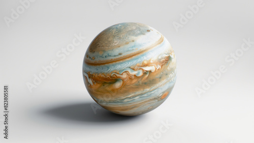 A highly detailed model of Jupiter with swirling orange  blue  and white patterns  set against a plain white background.