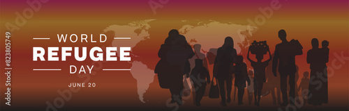 World Refugee Day banner design. It features a silhouette of refugees. Vector illustration