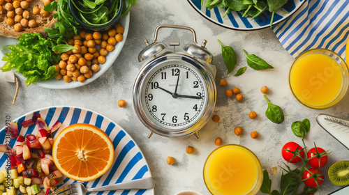 On the table  plates of food accompany an alarm clock  suggesting a blend of mealtime and time management. Ideal for illustrating daily routines or time-conscious dining habits. Generative AI.