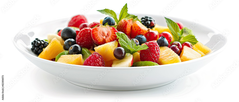 Fresh fruit and vegetable salad in a white bowl photographed with the best camera, Generate AI