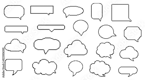 Set of pixel art line speech bubbles. Dialogue box in 8 bit style. Modern vintage vector illustration. Text boxes for chats and games. Various talk balloon shapes in retro 90's style