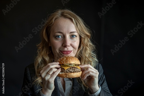 a girl in a black suit with a hamburger in her hands on a black background