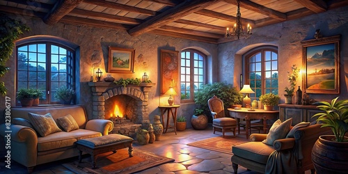 Cozy Provencal interior with French countryside style, featuring natural colors and beautiful window light photo