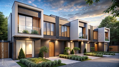 Minimalist architecture exterior of modern modular private townhouses photo