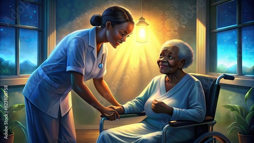 Professional African-American nurse providing assistance and care to elderly patient in a nursing home setting photo
