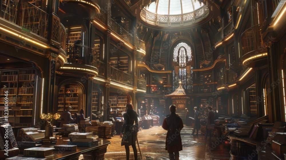 Two people explore a grand library filled with books and elegant wooden furniture, bathed in natural light from a dome.