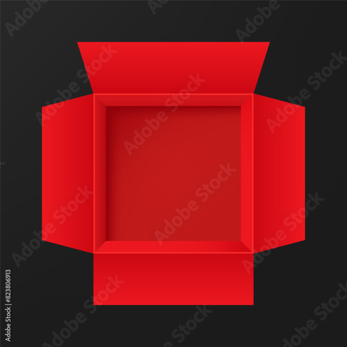 Window with top view. Red box opened, paper, cardboard. Vector template isolated mockup. Blank packaging model for packaged product, gift, surprise. Top view. Vector illustration