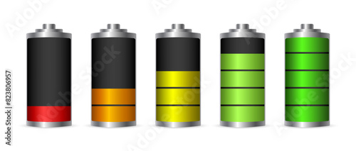 Discharged and various level energy alkaline batteries infographic set. Different Battery charge level. Wireless charging energy sign. Discharged power sources. Vector illustration