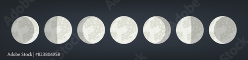 Moon phases astronomy icons set. The entire cycle from new moon to full. Vector illustration