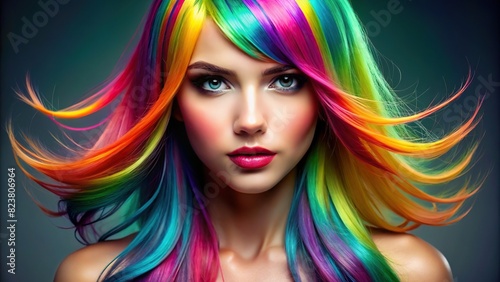 Portrait of a beautiful girl with rainbow neon asymmetric hair style