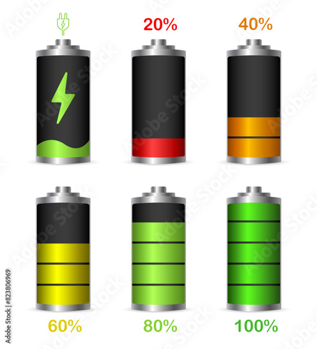 Discharged and various level energy alkaline batteries infographic set. Different Battery charge level. Wireless charging energy sign. Discharged power sources. Vector illustration