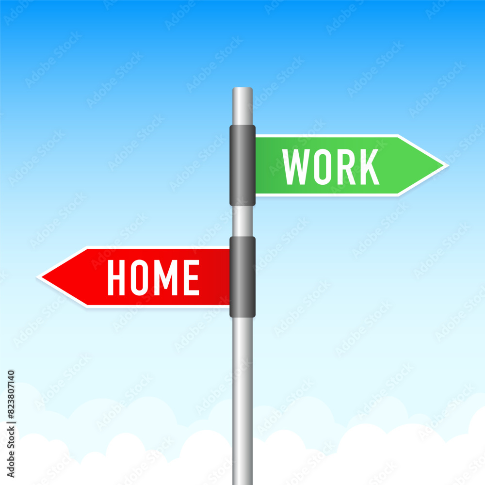 Obraz premium Direction road sign with home and work words. Work and Home Signpost. Vector illustration