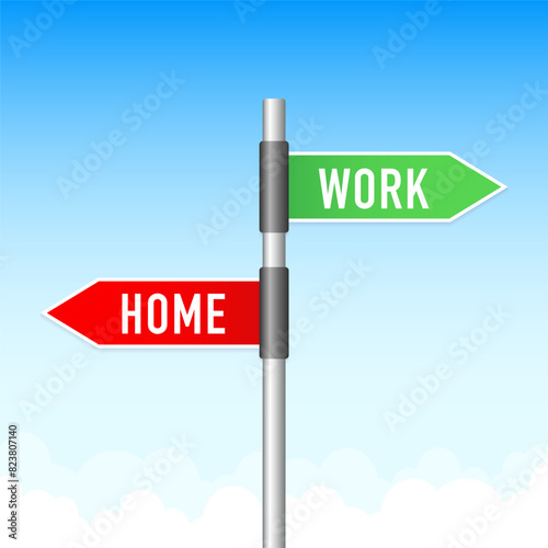 Direction road sign with home and work words. Work and Home Signpost. Vector illustration