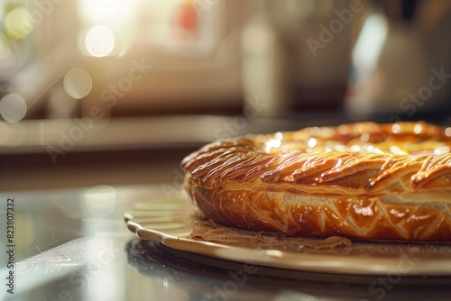 A close up shot of an intricately decorated galette des rois on the kitchen counter with a blurred background photo