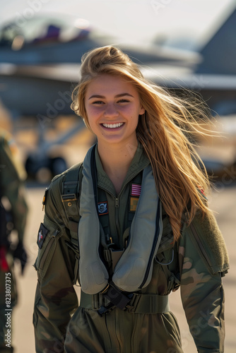 Caucasian female airman smiling with confidence at fighter jet parking lot.