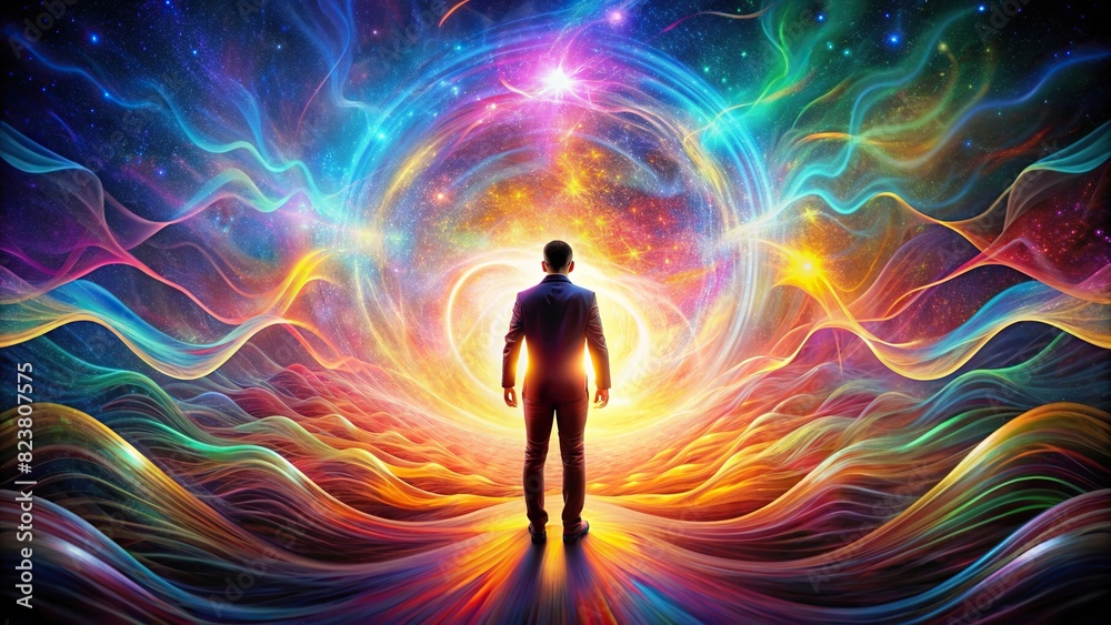 Retro style photo of person surrounded by colorful energy waves