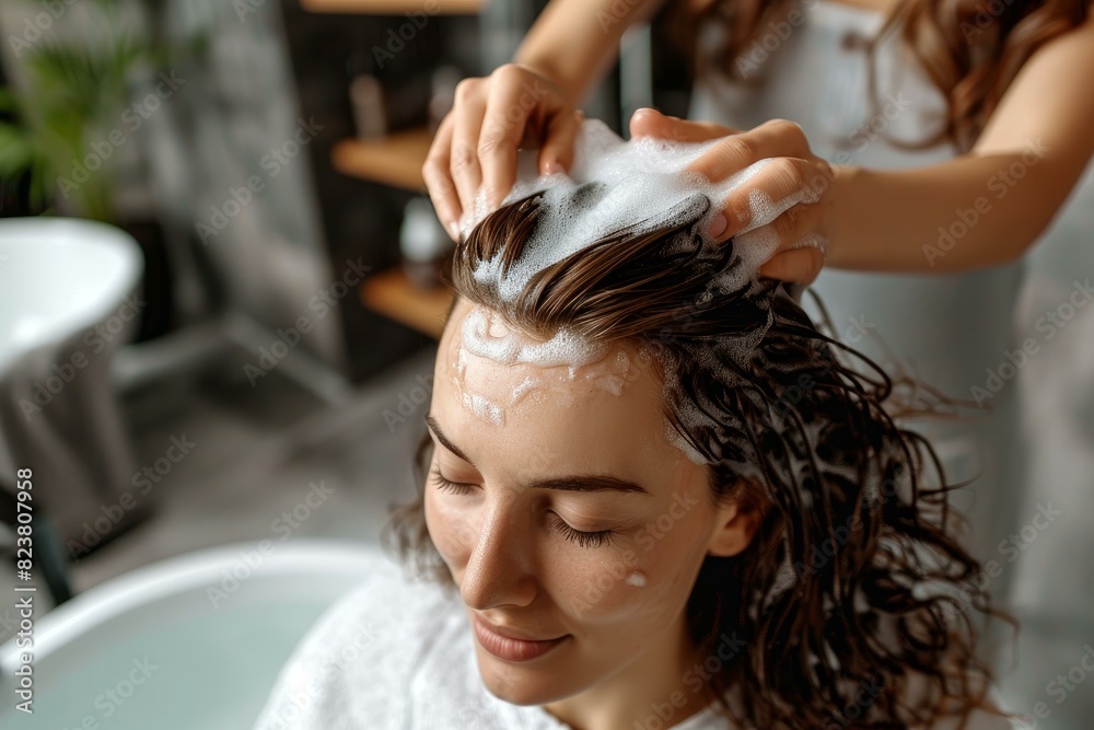 Naklejka premium Hairstylist washing a client's hair with foam, giving a relaxing scalp massage