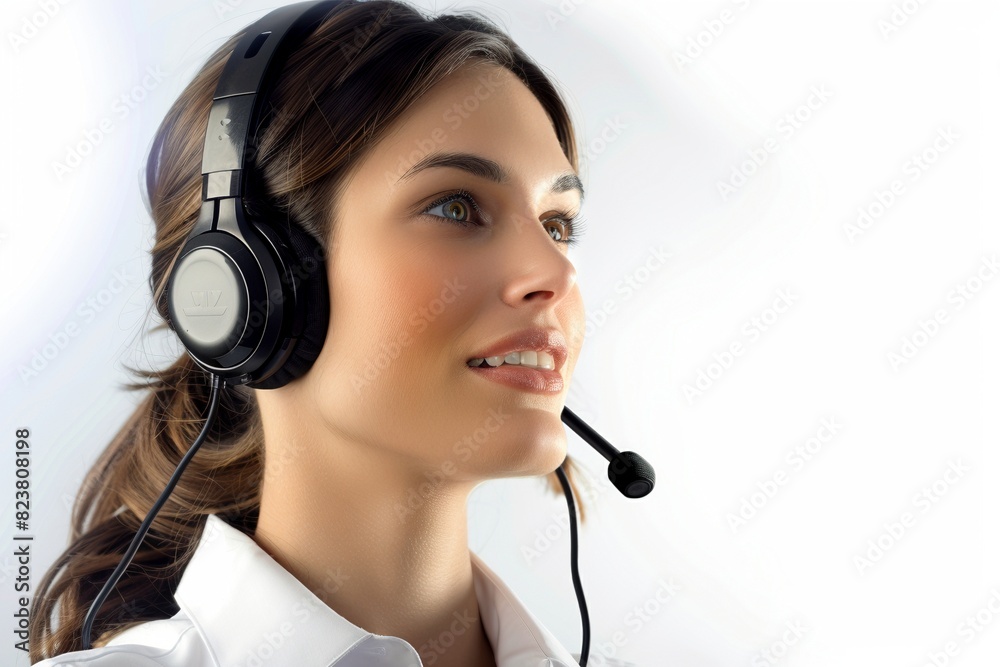 A photorealistic image of a call center representative, a woman with captivating beauty, engaged in a conversation with a customer. She speaks into her headset, her eyes focused to the right side of t A photorealistic image of a call center representative, a woman with captivating beauty, engaged in a conversation with a customer. She speaks into her headset, her eyes focused to the right side of t
