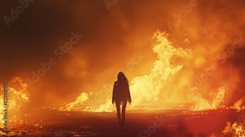 A woman walks through a field of fire