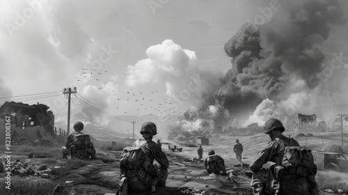 vintage grayscale picture of korean war generative ai photo