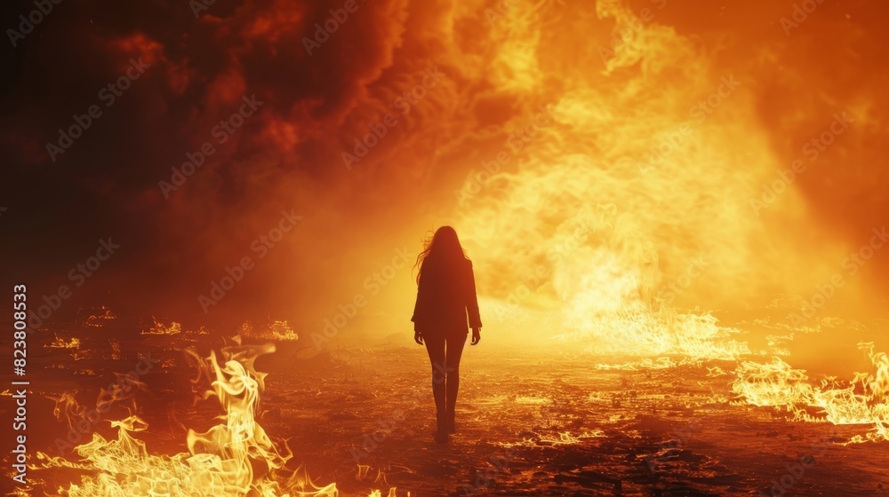 A woman walks through a field of fire