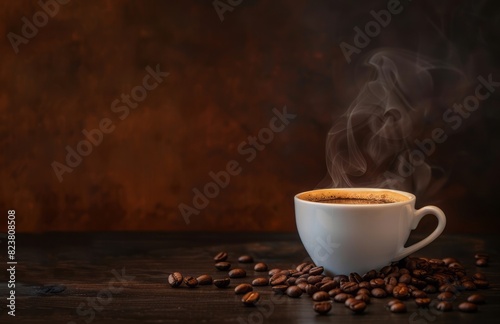 A steaming cup of coffee and scattered beans on the table, against dark brown background