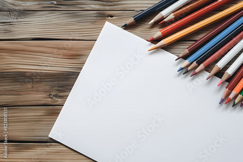 Top view of a work desk with colored pencils on one side photo