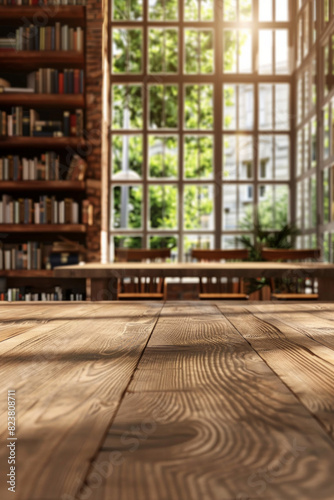A wooden table in the foreground with a blurred background of a library reading room. The background features tall bookshelves filled with books  comfortable reading chairs and large windows
