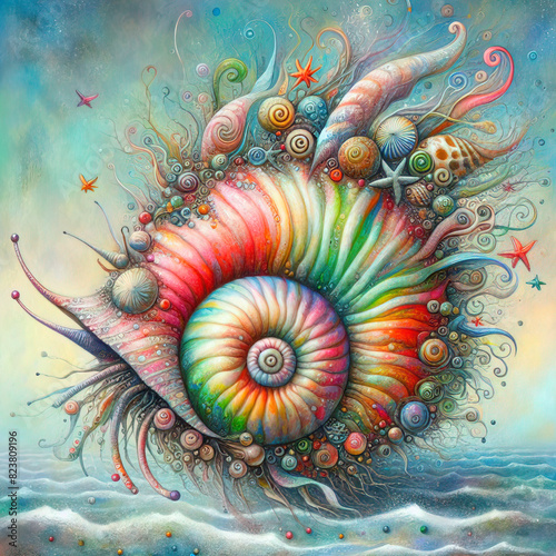 Mixed madia painting of a whimsical sea shell 