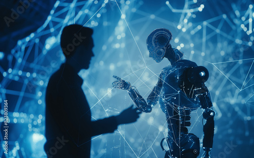 In a dimly lit room, a man engages in conversation with a robot, highlighting the intersection of technology and human interaction. Perfect for illustrating futuristic scenarios. Generative AI. photo