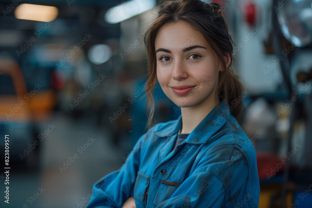 Caucasian woman auto mechanic smiling with confidence in car workshop. Caucasian woman auto mechanic smiling with confidence in car workshop.