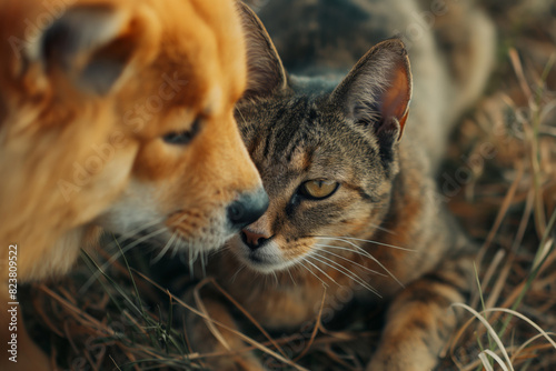 Wallpaper Mural On a grassy field in nature, a dog and a cat lock eyes, capturing a moment of curious interaction between different domestic pets. Ideal for illustrating adorable animal encounters. Generative AI. Torontodigital.ca