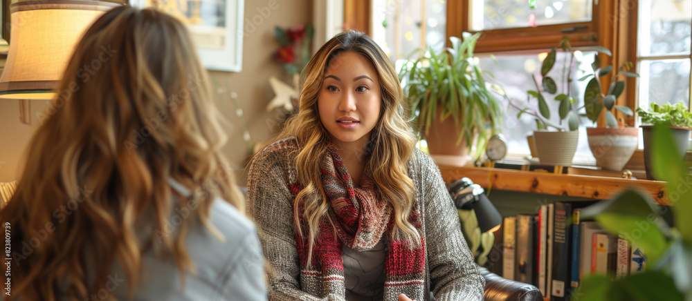 female therapist talking to smiling woman patient at hospital, ai generated