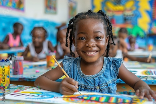 Happy children painting in a vibrant art class. Perfect stock photo for education, creativity, and childhood projects. High-resolution image capturing joyful kids expressing themselves through art. photo
