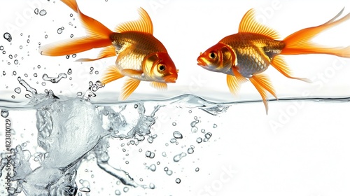 Two Goldfish Jumping Out of the Water with Splash in Background