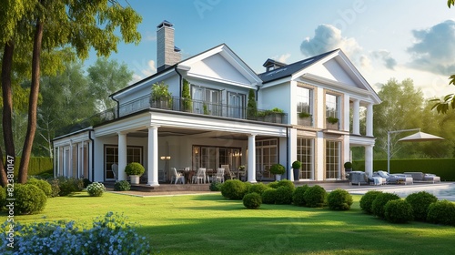 Modern Luxury Home with Large Porch and Expansive Landscape on a Sunny Day © Generative ART