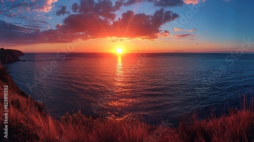 A panoramic view of a breathtaking sunset over the ocean  creating a sense of awe and tranquility. 