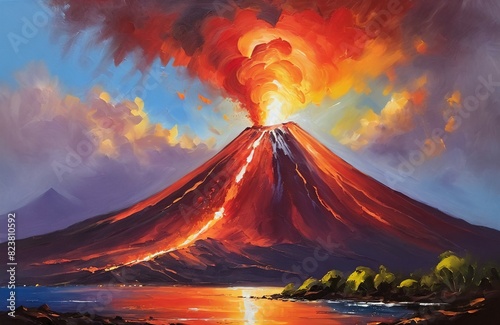 Impressionism oil painting volcanic eruption process. Landscape of volcano with exploding and flowing lava. Hot magma eruption with infernal smoke. Natural disaster, cataclysm, climate change concept. photo