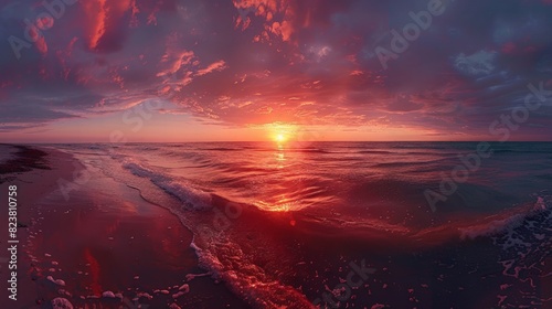 A panoramic view of a breathtaking sunset over the ocean, creating a sense of awe and tranquility. 